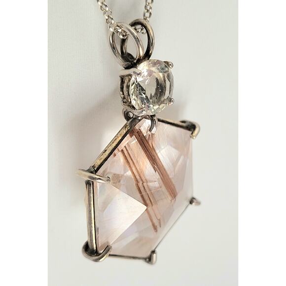 Large Gold  Rutilated Quartz Spiritual Hex Necklace Sterling Plus 2nd Crystal - Picture 4 of 11